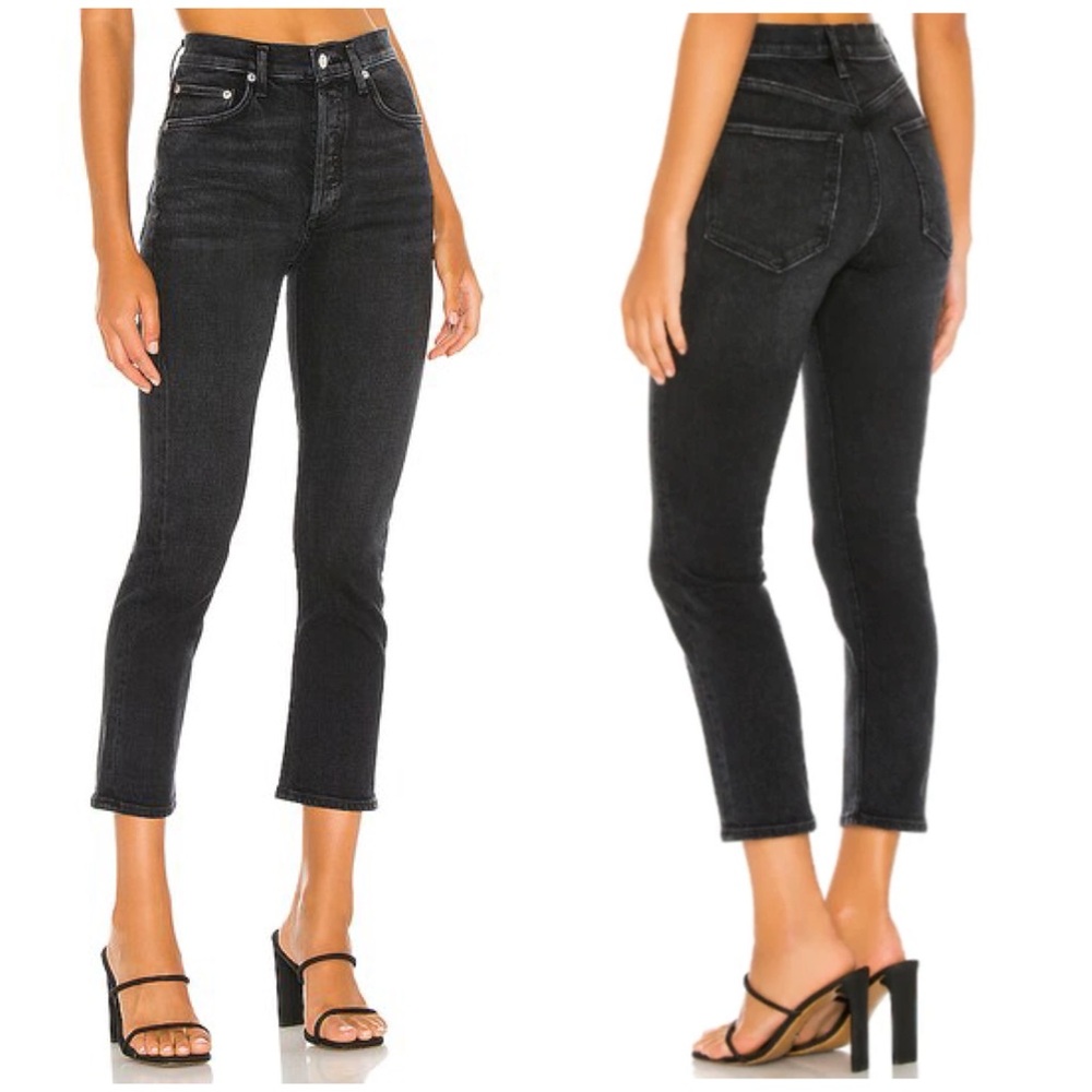 Agolde Riley High Rise Straight Crop Jean Black Pepper Distressed Denim Sz 26